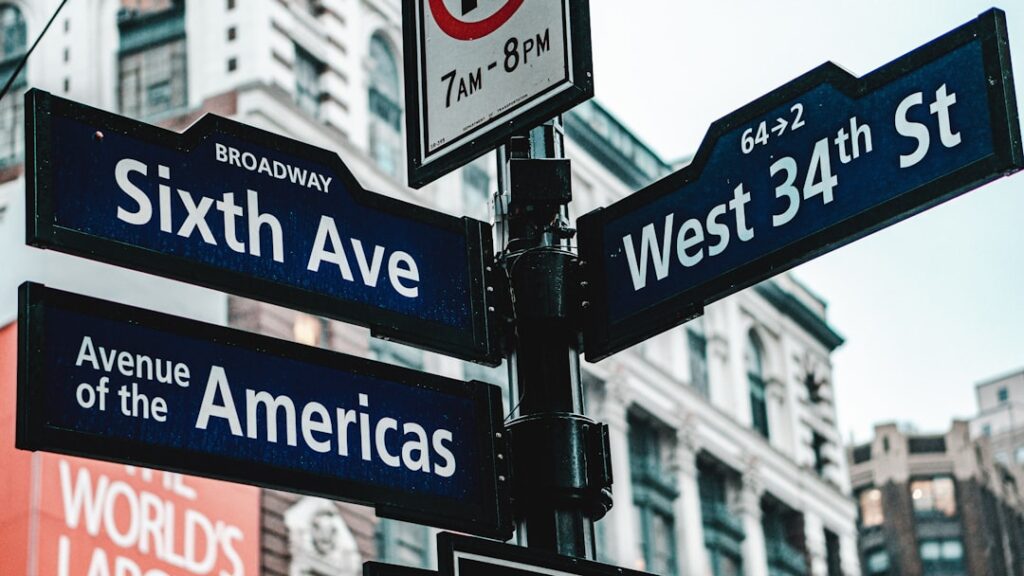 City street signs representing local landing pages and geographic SEO targeting