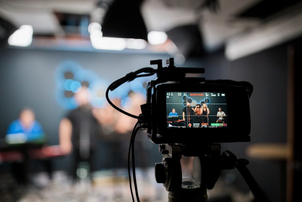 Livestream camera setup representing video repurposing into Shorts, Reels and social clips