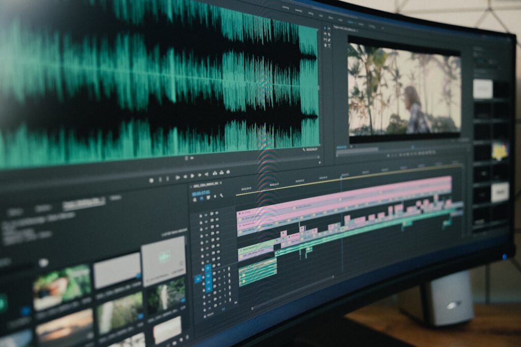 Video production monitor representing YouTube automation with human review and quality control